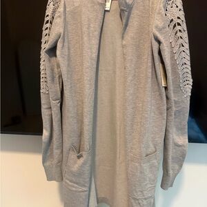 Chic Gray Women's Cardigan with hood and Lace Accents NWT